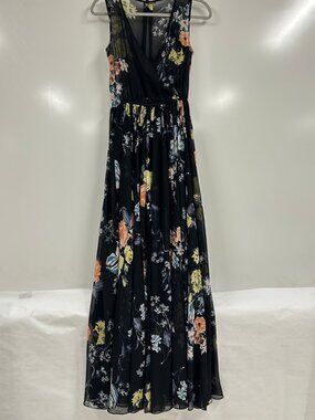 Olivaceous Black Floral Maxi Dress Sheer Overlay Boho Cottagecore Romantic Small